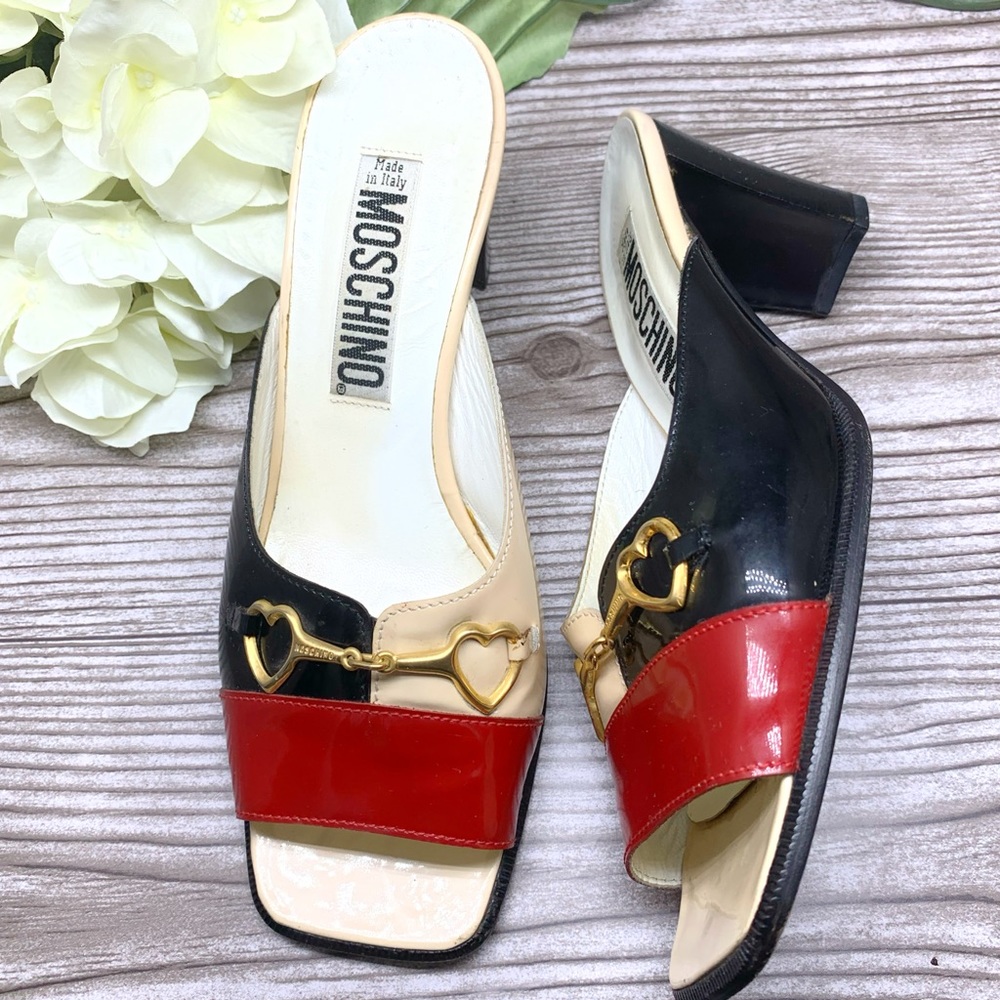 Moschino patented leather red black heart mules